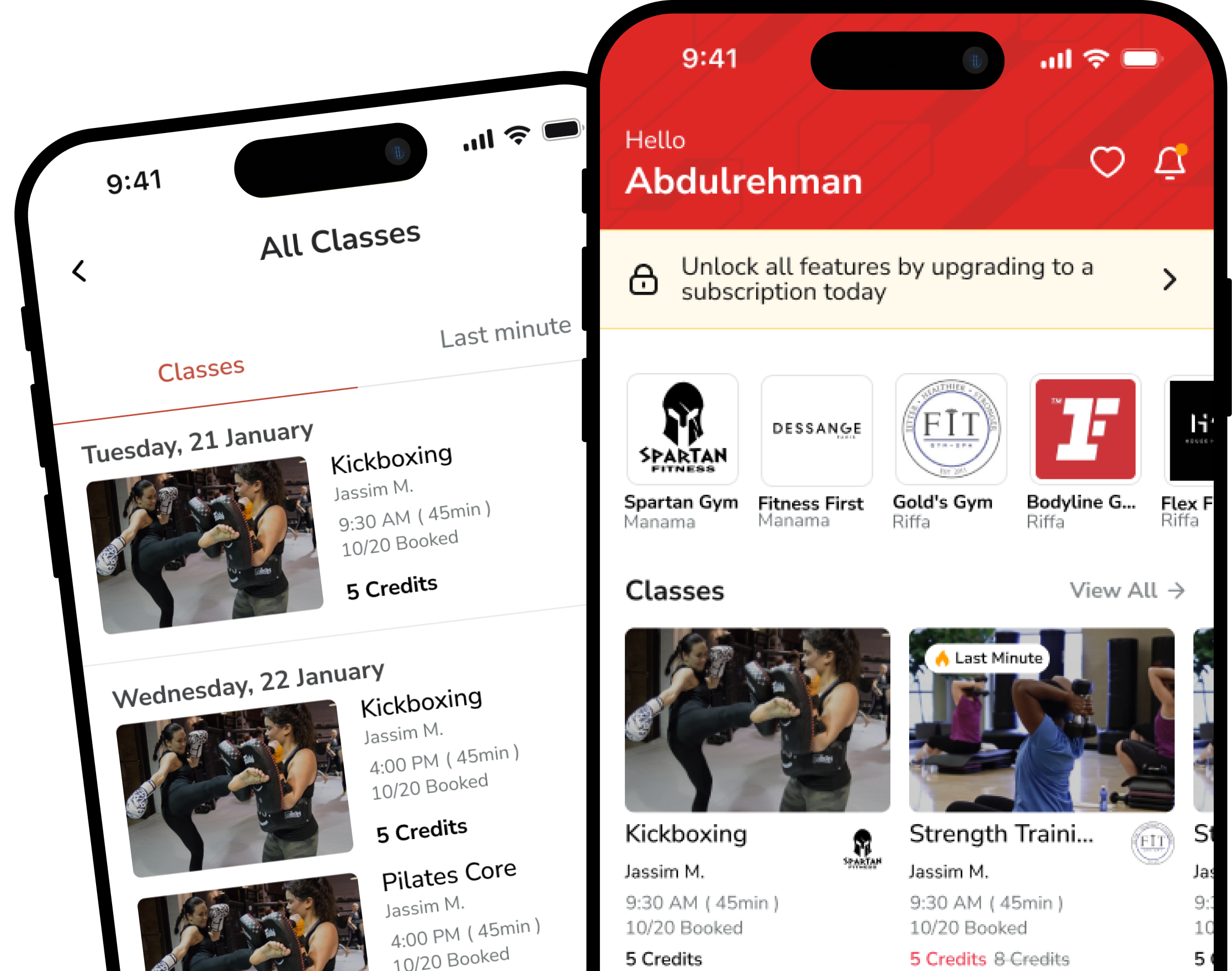Athlite class and home app screens